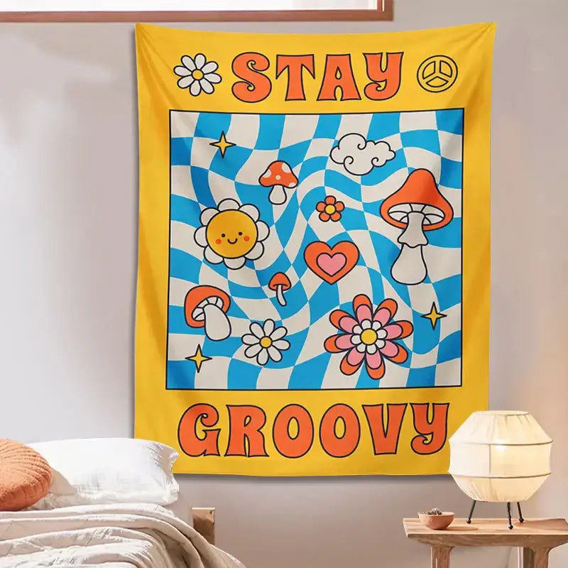 Retro yellow and blue groovy mushroom tapestry bedroom wall decor