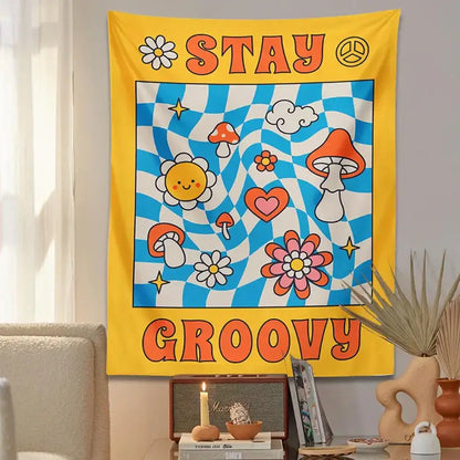 Retro yellow and blue groovy mushroom tapestry bedroom wall decor