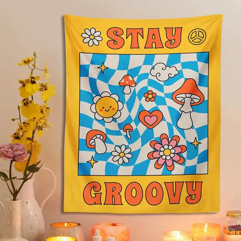 Retro yellow and blue groovy mushroom tapestry bedroom wall decor