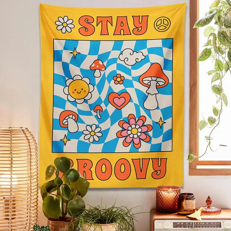 Retro yellow and blue groovy mushroom tapestry bedroom wall decor