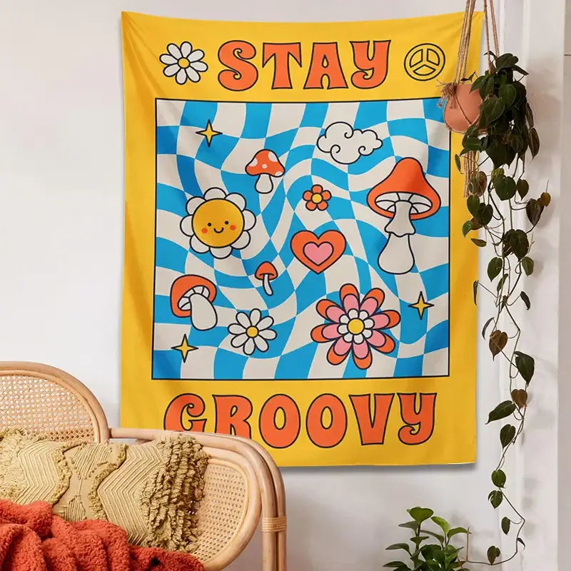 Retro yellow and blue groovy mushroom tapestry bedroom wall decor
