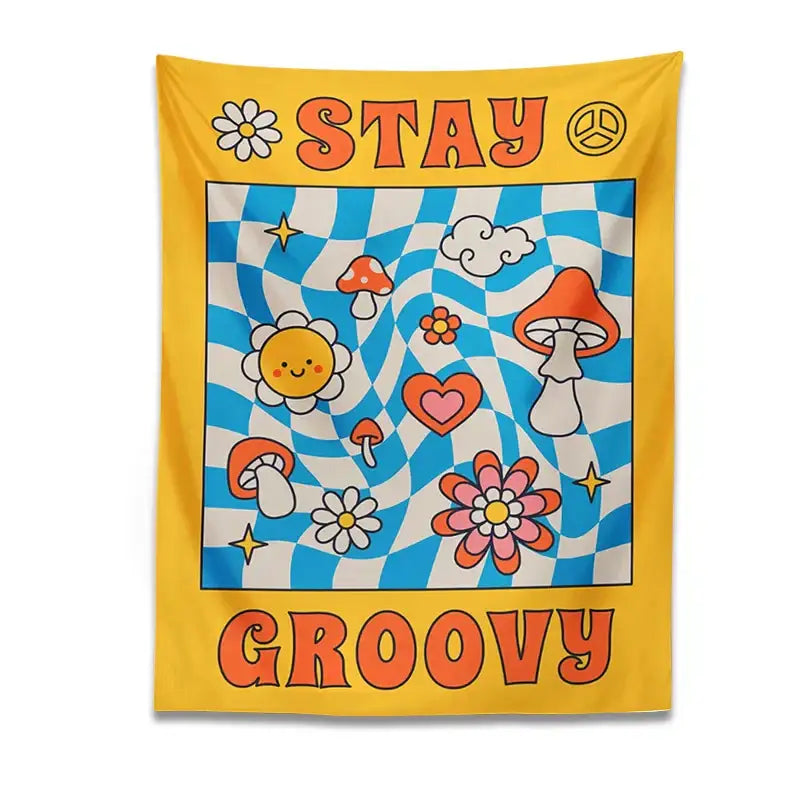 Retro yellow and blue groovy mushroom tapestry bedroom wall decor