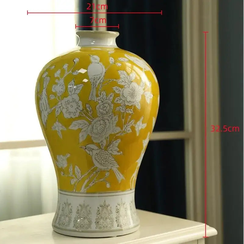 Retro yellow and white porcelain vase living room floral decor