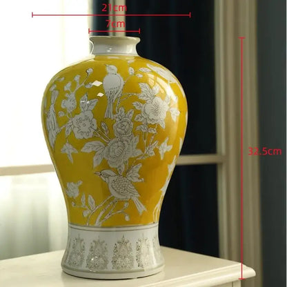 Retro yellow and white porcelain vase living room floral decor