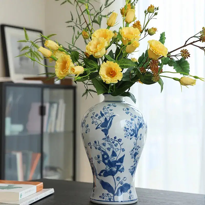 Retro yellow and white porcelain vase living room floral decor