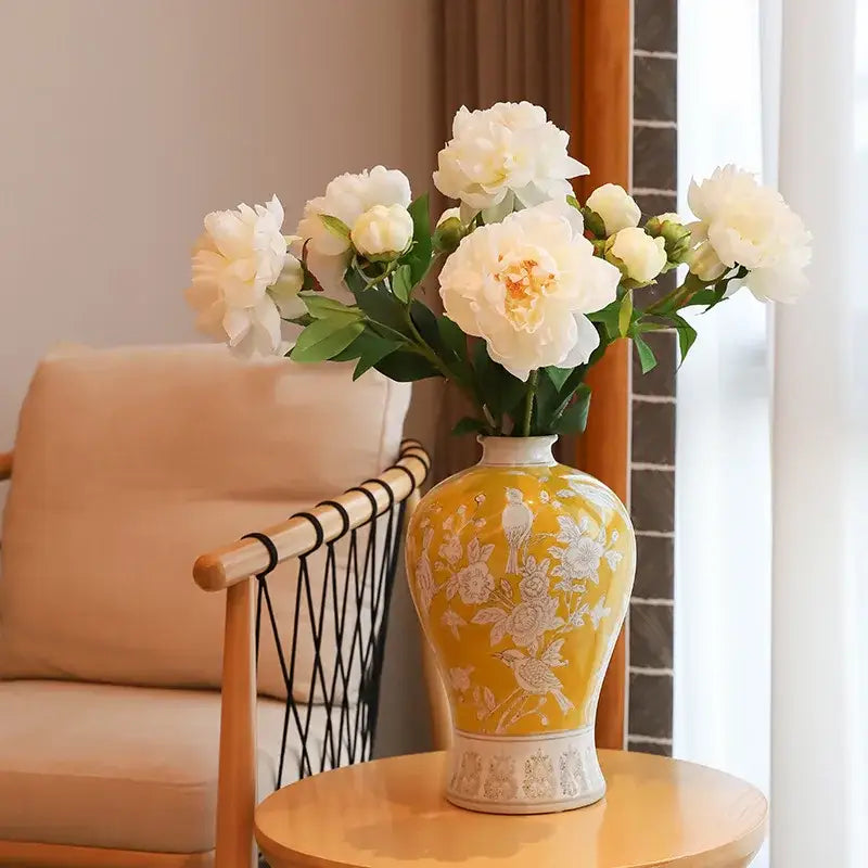 Retro yellow and white porcelain vase living room floral decor