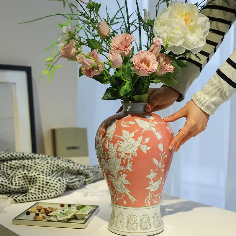 Retro yellow and white porcelain vase living room floral decor