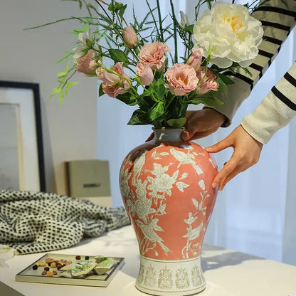 Retro yellow and white porcelain vase living room floral decor
