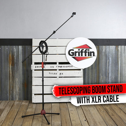Microphone Stand with Telescoping Boom, XLR Cable and Mic Clip Package by GRIFFIN | Tripod Premium Quality for Studio, Karaoke, Live Performances, Studio, Conferences | 20 ft Pro Audio Mic Cord Patch