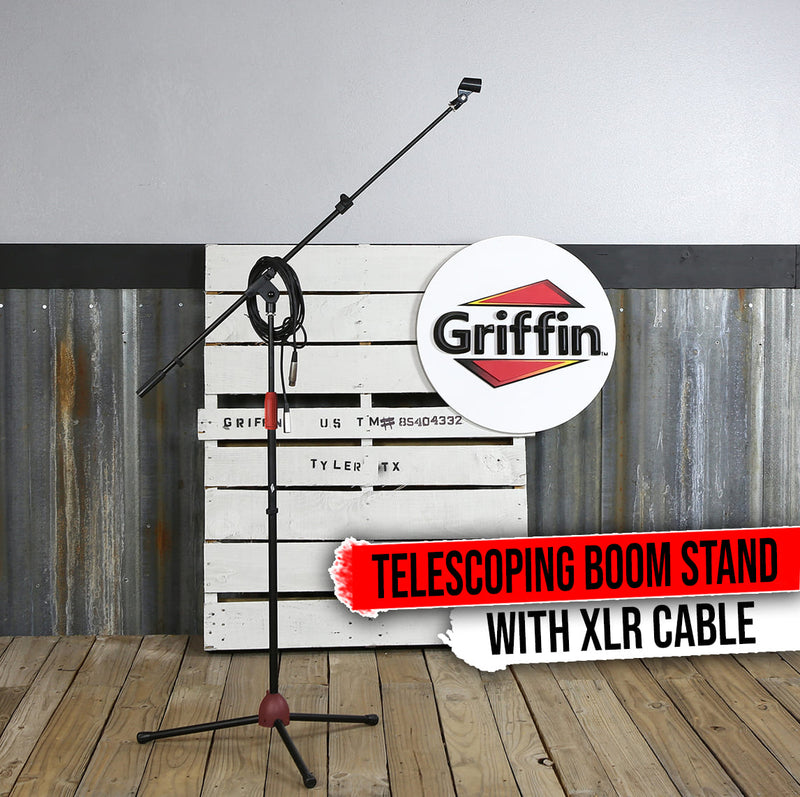 Microphone Stand with Telescoping Boom, XLR Cable and Mic Clip Package by GRIFFIN | Tripod Premium Quality for Studio, Karaoke, Live Performances, Studio, Conferences | 20 ft Pro Audio Mic Cord Patch