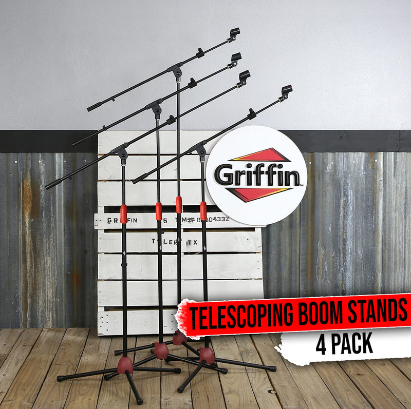 Tripod Microphone Boom Stand with Mic Clip Adapter (Pack of 4) by GRIFFIN | Adjustable Holder Mount For Studio Recording Accessories, Singing Vocal Karaoke, Live Stage | Folding Legs & Telescoping Arm