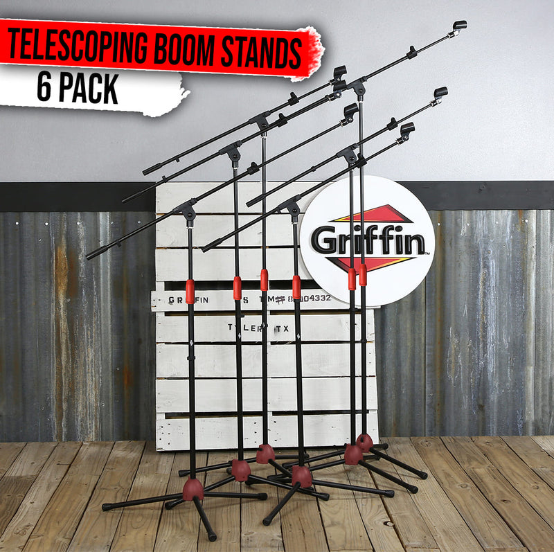 Microphone Boom Stand with Mic Clip Adapter (Pack of 6) by GRIFFIN | Adjustable Holder Mount For Studio Recording Accessories, Singing Vocal Karaoke, Live Stage | Tripod Folding Legs & Telescoping Arm