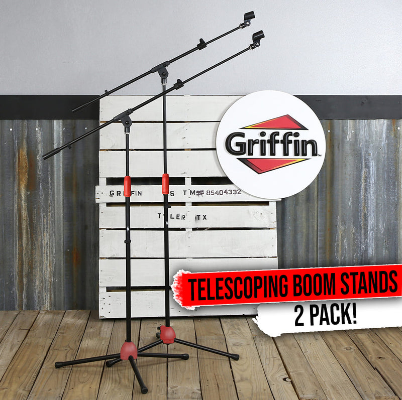 Microphone Stand (Pack of 2) with Boom Arm by GRIFFIN | Mic Clip Adapter Tripod Folding Legs & Telescoping | Adjustable Holder Mount For Studio Recording Accessories, Singing Vocal Karaoke, Live Stage