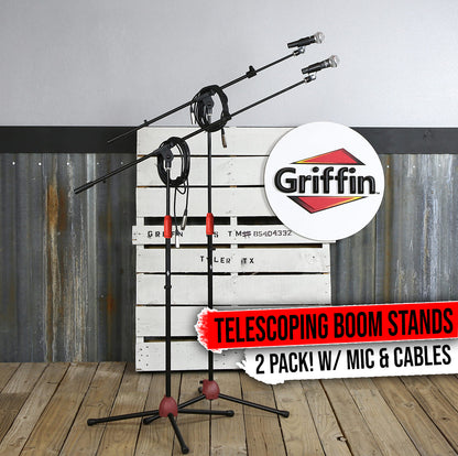 GRIFFIN Microphone Boom Stand, Cardioid Dynamic Mic, XLR Cable, & Clip (Pack of 2) | Telescoping Arm Holder | Tripod Mount | Vocal Unidirectional Singing Microphone | Home Recording Studio Accessories