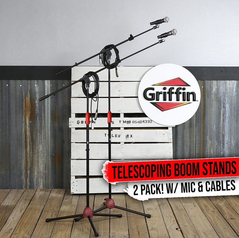 GRIFFIN Microphone Boom Stand, Cardioid Dynamic Mic, XLR Cable, & Clip (Pack of 2) | Telescoping Arm Holder | Tripod Mount | Vocal Unidirectional Singing Microphone | Home Recording Studio Accessories