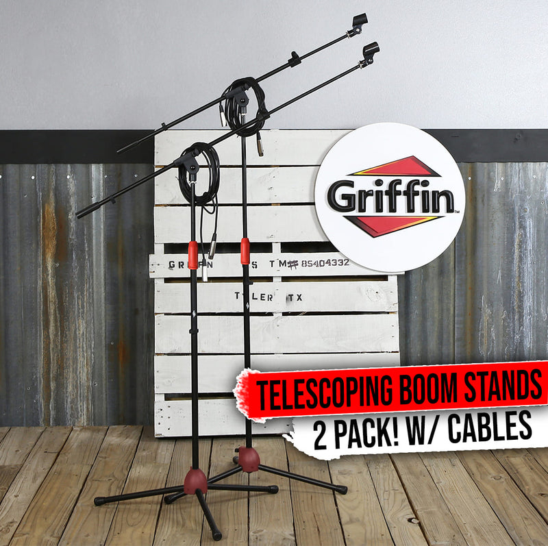 GRIFFIN Tripod Microphone Boom Stand (Pack of 2) with XLR Mic Cables & Clips | Telescoping Arm for Studio Recording Accessories, Singing Vocal Karaoke, Live Stage | 20ft Pro Audio Mic Cord Wire 3-Pin