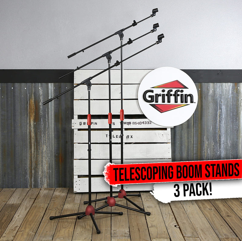 Microphone Stand (Pack of 3) with Telescopic Boom Arm by GRIFFIN | Mic Clip Adapter Tripod Folding Legs | Adjustable Holder Mount For Studio Recording Accessories, Singing Vocal Karaoke, Live Stage DJ