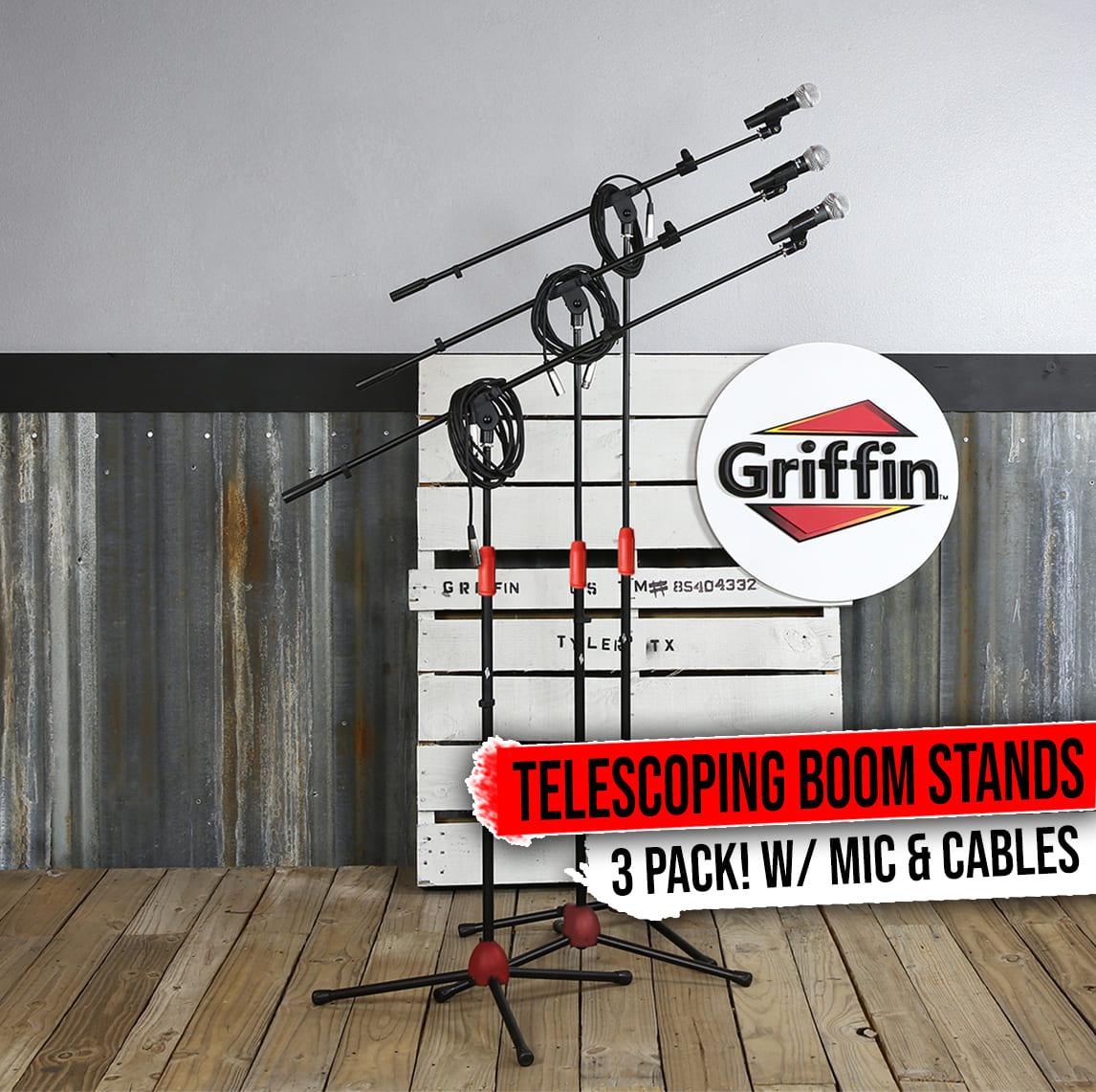 Microphone Boom Stand (Pack of 3) & Cardioid Wired Mic, XLR Cable, & Clip by Griffin | Telescoping Arm Holder, Tripod Legs | Karaoke Vocal Singing Microphone | Home Recording Studio Streaming
