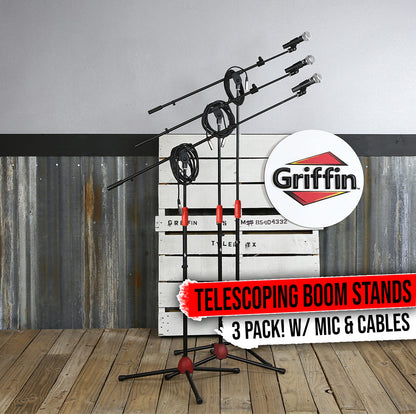 Microphone Boom Stand (Pack of 3) & Cardioid Wired Mic, XLR Cable, & Clip by Griffin | Telescoping Arm Holder, Tripod Legs | Karaoke Vocal Singing Microphone | Home Recording Studio Streaming