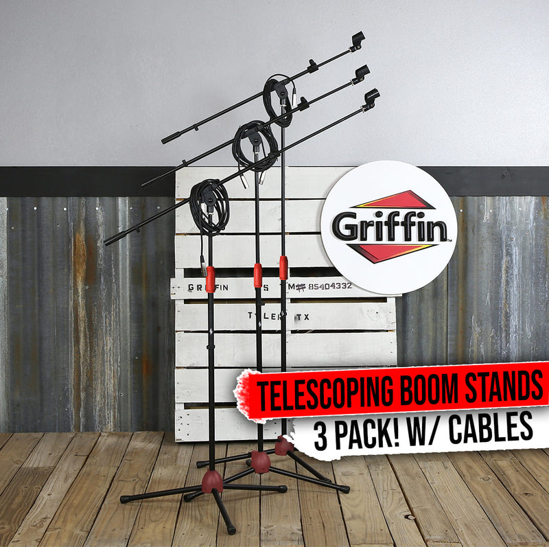 Microphone Boom Stand with XLR Mic Cable & Clip (Pack of 3) by GRIFFIN | Telescoping Arm Tripod Legs for Studio Recording Accessories, Singing Vocal Karaoke, Live Stage | 20ft Pro Audio Mic Cord Wire