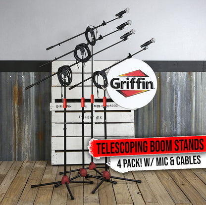 Microphone Stand with Telescoping Boom Arm, 20 Ft XLR Cable (Pack of 4) by GRIFFIN | Handheld Dynamic Mic & Clip  | DJ Pro-Audio Cardioid Singing Microphones for Home Studio Recording & Live Steaming
