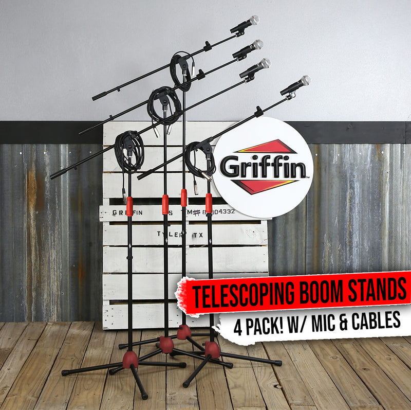 Microphone Stand with Telescoping Boom Arm, 20 Ft XLR Cable (Pack of 4) by GRIFFIN | Handheld Dynamic Mic & Clip  | DJ Pro-Audio Cardioid Singing Microphones for Home Studio Recording & Live Steaming