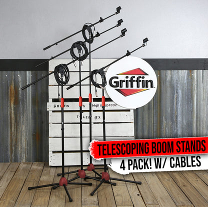 Telescoping Tripod Microphone Boom Stand with XLR Mic Cable & Clip (Pack of 4) by GRIFFIN | Premium Quality for Studio, Karaoke, Recording Studio, Live Performances, Conferences | 20ft Microphone Cord