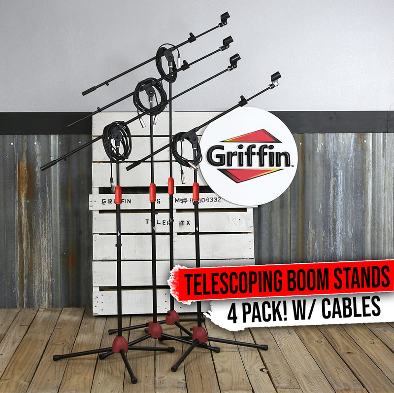 Telescoping Tripod Microphone Boom Stand with XLR Mic Cable & Clip (Pack of 4) by GRIFFIN | Premium Quality for Studio, Karaoke, Recording Studio, Live Performances, Conferences | 20ft Microphone Cord