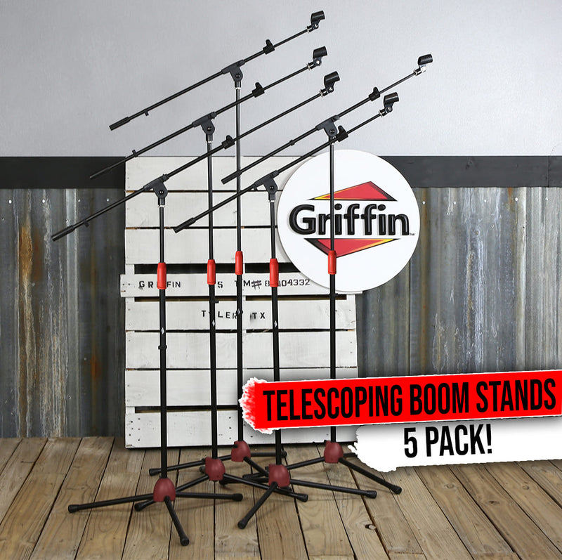 Microphone Boom Stand with Telescopic Arm (Pack of 5) by GRIFFIN | Adjustable Holder Mount For Studio Recording Accessories, Singing Vocal Karaoke, Live Stage DJ | Mic Clip Adapter Tripod Folding Legs