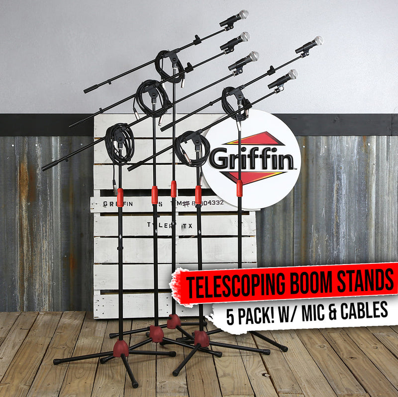 GRIFFIN Microphone Stand Package of 5 with Vocal Unidirectional Mics & XLR Cables | Handheld Cardioid Dynamic Microphones for Home Studio Recording, DJ Live Streaming & Stage Singing | 20FT XLR Cords