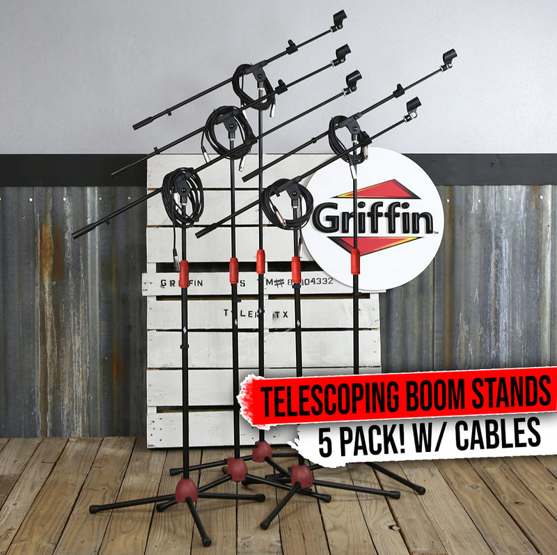 GRIFFIN Microphone Stand (Pack of 5) with XLR Cables & Mic Clip | Telescoping Boom Arm Tripod Legs for Studio Recording Accessories, Singing Vocal Karaoke, DJ Live Stage | 20ft Pro Audio Mic Cord Wire