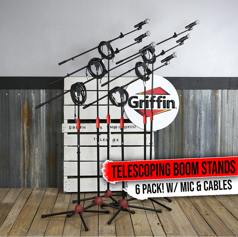 Microphone Boom Stand (GRIFFIN 6 Pack) with Cardioid Vocal Microphones & XLR Mic Cables | Karaoke Holder & Tripod Mount | Handheld Unidirectional Singing Mics for Music Home Studio Recording Streaming