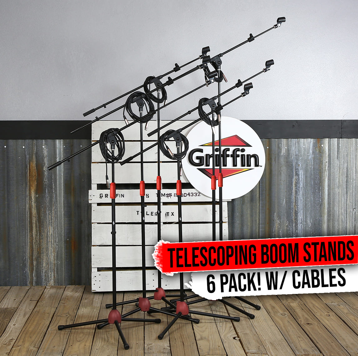 GRIFFIN Microphone Boom Stand (Pack of 6) with XLR Cables & Mic Clip | Telescopic Arm Tripod Legs for Studio Recording Accessories, Singing Vocal Karaoke, DJ Live | 20ft Pro Audio Mic Cord 24 AWG Wire