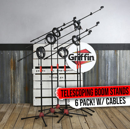 GRIFFIN Microphone Boom Stand (Pack of 6) with XLR Cables & Mic Clip | Telescopic Arm Tripod Legs for Studio Recording Accessories, Singing Vocal Karaoke, DJ Live | 20ft Pro Audio Mic Cord 24 AWG Wire