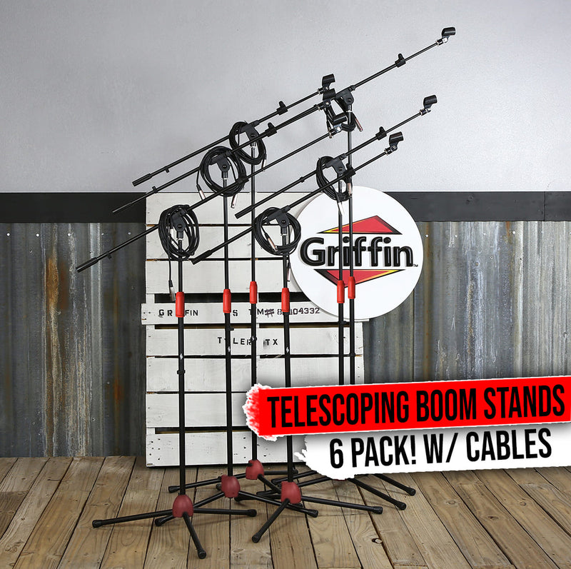 GRIFFIN Microphone Boom Stand (Pack of 6) with XLR Cables & Mic Clip | Telescopic Arm Tripod Legs for Studio Recording Accessories, Singing Vocal Karaoke, DJ Live | 20ft Pro Audio Mic Cord 24 AWG Wire