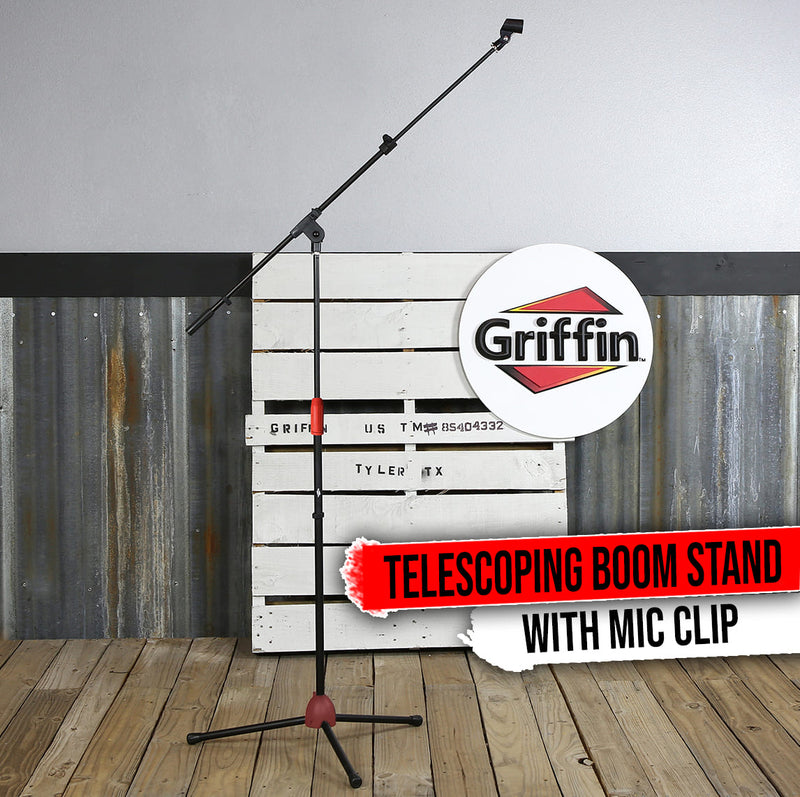 Microphone Stand by GRIFFIN with Telescoping Boom and Mic Clip Package | Portable with Collapsible Legs & Removable Arm | Tripod Premium Quality for Studio, Karaoke, DJ Live Performances, Conferences