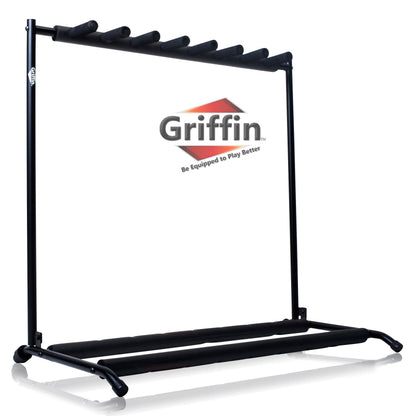 Seven Guitar Rack Stand by GRIFFIN - Floor Storage Holder for Multiple Guitars - Neck Mount Support For Electric, Acoustic Bass, Studio Accessories