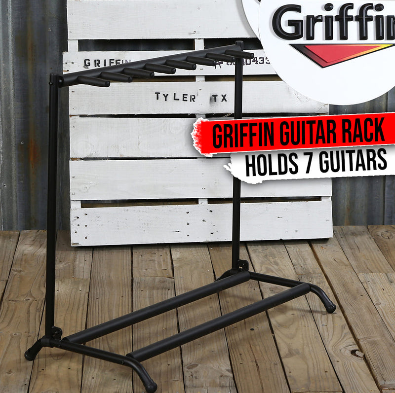 Seven Guitar Rack Stand by GRIFFIN | Floor Storage Holder for Multiple Guitars | Neck Mount Support For Electric, Acoustic Bass, Accessories | Recording Studios, Schools, Stage Performers, Wall Hanger