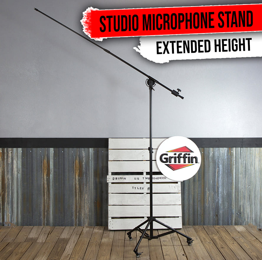 GRIFFIN Professional Studio Microphone Boom Stand with Casters | Extended Height Recording Mic Holder Tripod on Wheels | Tall Telescoping Arm Mount & Retractable Legs for Vocals, Choir, Overhead Drums