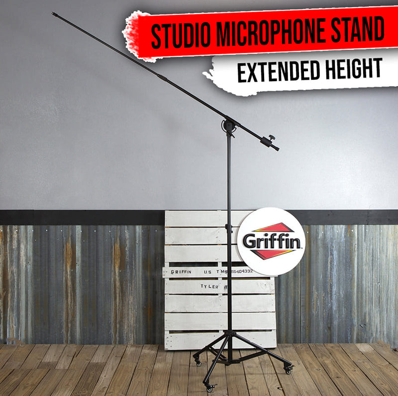 GRIFFIN Professional Studio Microphone Boom Stand with Casters | Extended Height Recording Mic Holder Tripod on Wheels | Tall Telescoping Arm Mount & Retractable Legs for Vocals, Choir, Overhead Drums