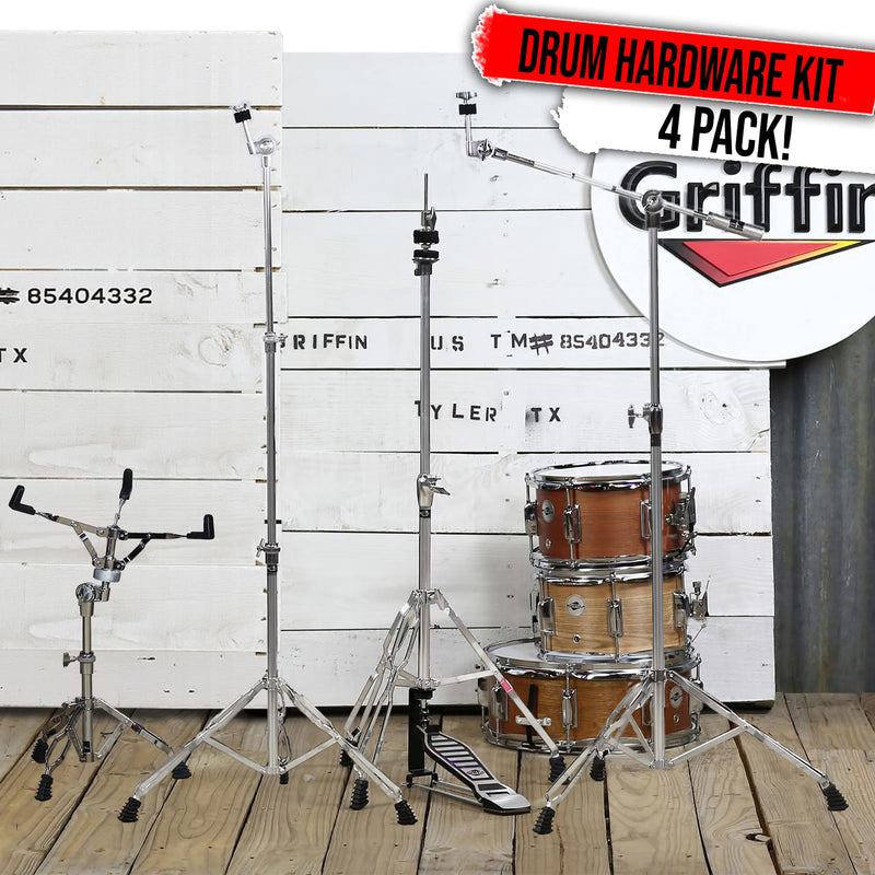 GRIFFIN Cymbal Stand Hardware Pack 4 Piece Set | Full Size Percussion Drum Hardware Kit with Snare Mount, Hi-Hat Pedal, Cymbal Boom, & Straight Cymbal Stand | Lightweight & Portable | Perfect for Gigs