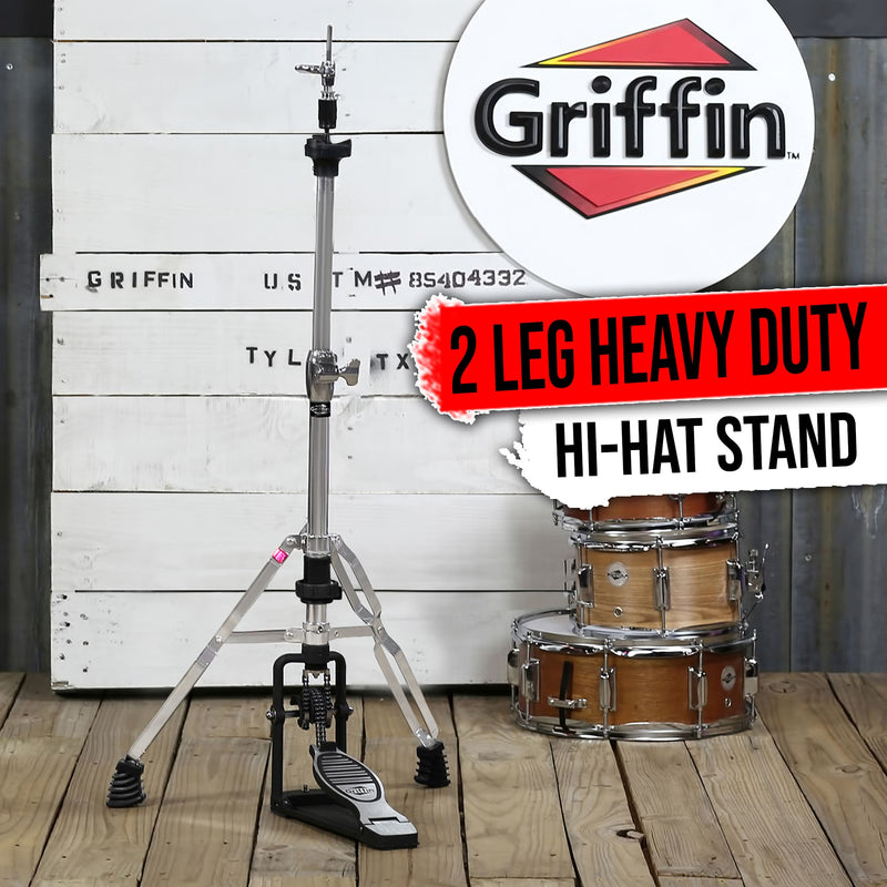Premium 2 Leg Hi-Hat Stand by GRIFFIN | Heavy Duty Hihat Cymbal Foot Pedal with Drum Key | Folding Two Leg Style Converts to a No Leg High Hat Mount | Double Braced Chrome Percussion Hardware Mount