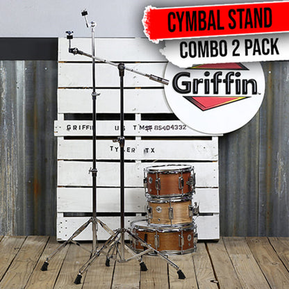 Cymbal Boom Stand & Straight Cymbal Stand Combo (Pack of 2) by GRIFFIN | Percussion Drum Hardware Set for Mounting & Holding Crash, Ride, Splash Cymbals | Arm Counterweight Adapter Kit & Double Braced