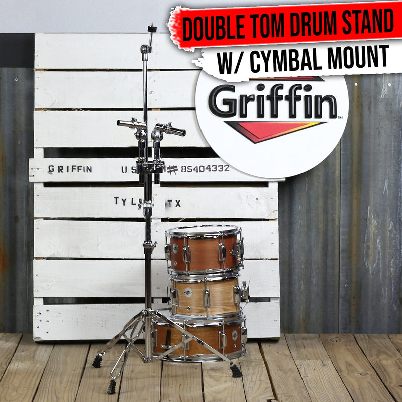 Double Tom Drum Stand with Cymbal Arm by GRIFFIN | Drummers Percussion Set Hardware with Dual Drum Mounts | Medium Duty Tom Holder with Double Braced Tripod Legs | Accommodates All Standard Cymbals