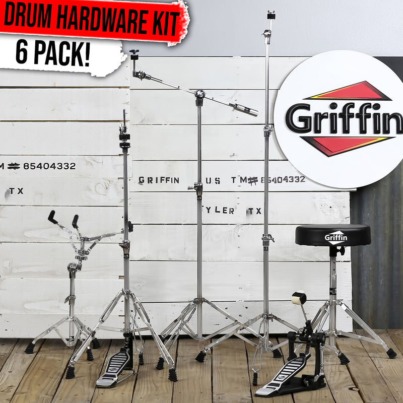 Complete Drum Hardware Pack 6 Piece Set by GRIFFIN | Full Size Percussion Stand Kit with Snare, Hi-Hat, Cymbal Boom, Throne Stool & Single Kick Drum Pedal | Lightweight and Portable, Perfect for Gigs