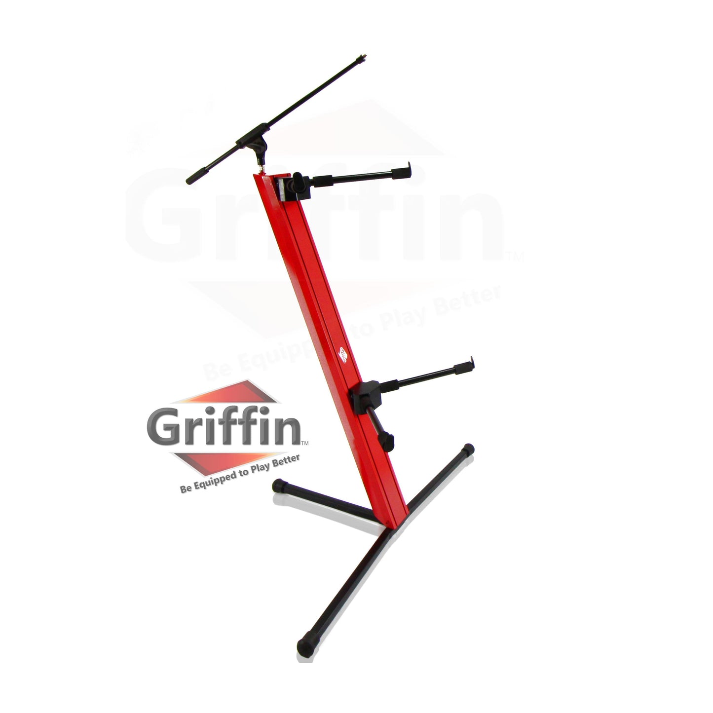 2-Tier Column Keyboard Stand with Mic Boom Arm by GRIFFIN - Double Sliding Multi Mounting Platform Red Stage Tower Rack - Holder for Digital Piano