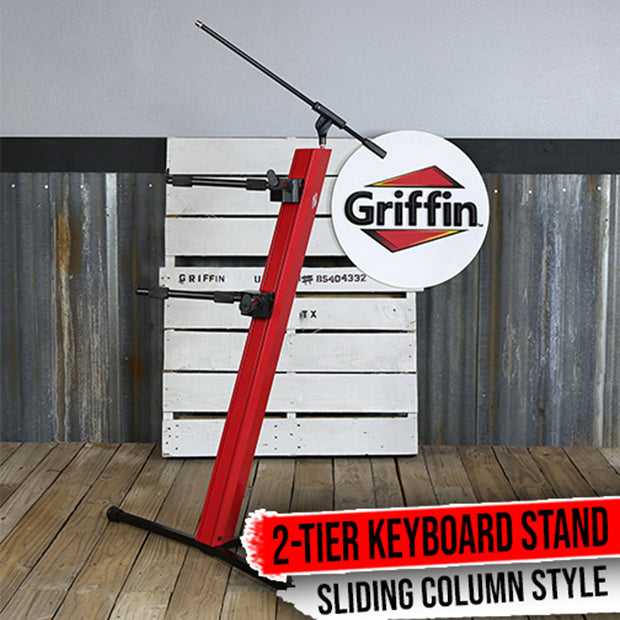2-Tier Column Keyboard Stand with Mic Boom Arm by GRIFFIN | Double Sliding Multi Mounting Platform Red Stage Tower Rack | Holder for Digital Piano, Turntable, DJ Audio Gear, Studio Laptop Synthesizer