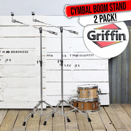 Cymbal Stand With Boom Arm by GRIFFIN (Pack of 2) | Drum Percussion Gear Hardware Set with Double Braced Legs | Counterweight Adapter for Mounting Heavy Duty Crash, Ride, Splash Cymbals For Drummers