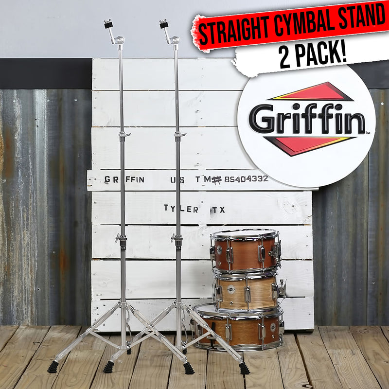 Straight Cymbal Stand (2 Pack) by GRIFFIN | Double Braced Legs, Slip-Proof Gear Holder | Light-Duty for Mobile Drummers | Percussion Drum Hardware Set for Mounting Crash, Ride & Splash Cymbals