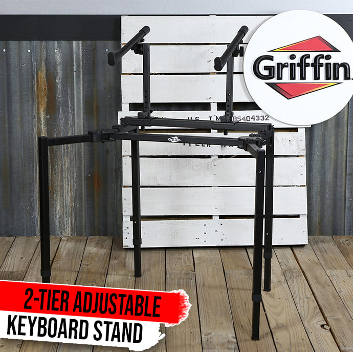 Double Piano Keyboard & Laptop Stand by GRIFFIN | 2 Tier/Dual Portable Studio Mixer Rack for Turntables, DJ Coffins, Speakers, Digital Audio Gear & Music Equipment | Folding Stage Mount Multi Platform